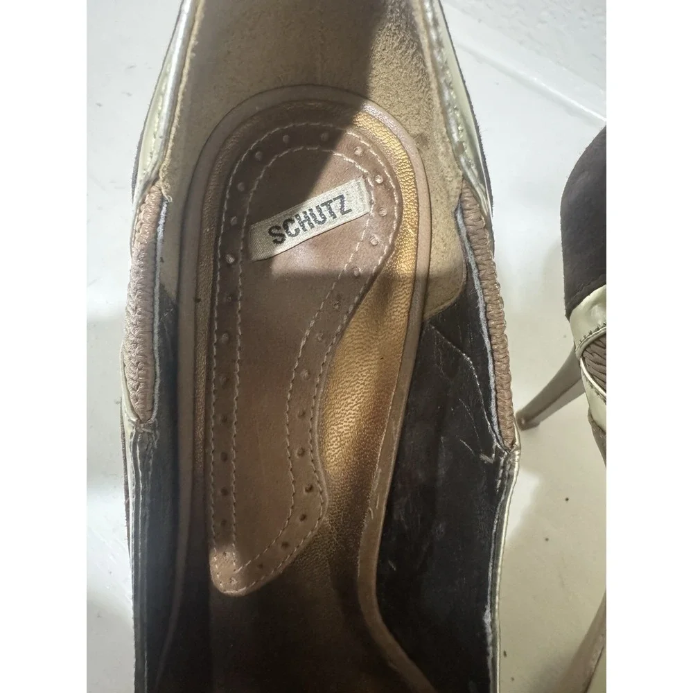 Schutz Peep Toe Heels Brown Gold Metallic Stiletto Pumps Women - Picture 5 of 6